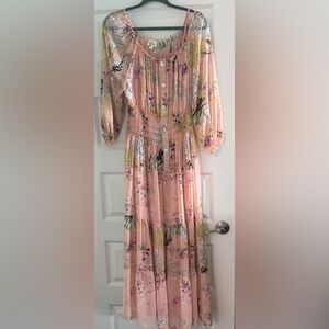 fig and flower Blush Pink Floral Button-Front Midi Dress